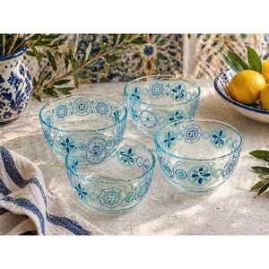 Pyrex 7201 Teal Blue Medallion Floral Glass Bowls 4 Cup Set of 4 Made in USA